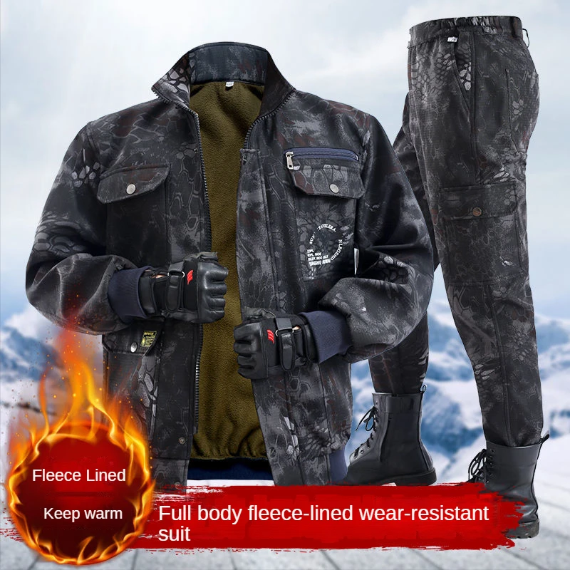 Autumn And Winter Plush Thickened Work Clothes Suit Men\'s Cold Proof Warm Keeping Camouflage Suit Auto Repair Labor Protection