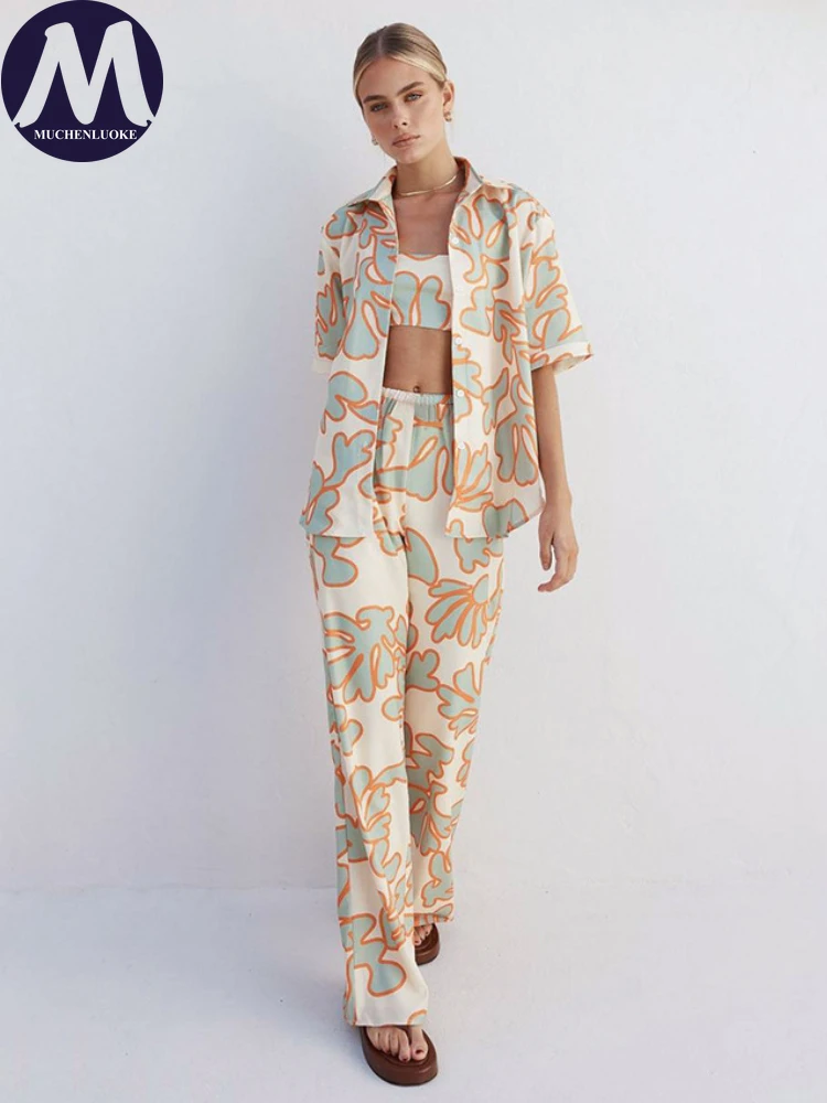 Half Sleeve Tops and Pants Set for Women, Casual Loose Suits, Wide Leg Pants, New Fashion Printing, Summer, 3 Pieces