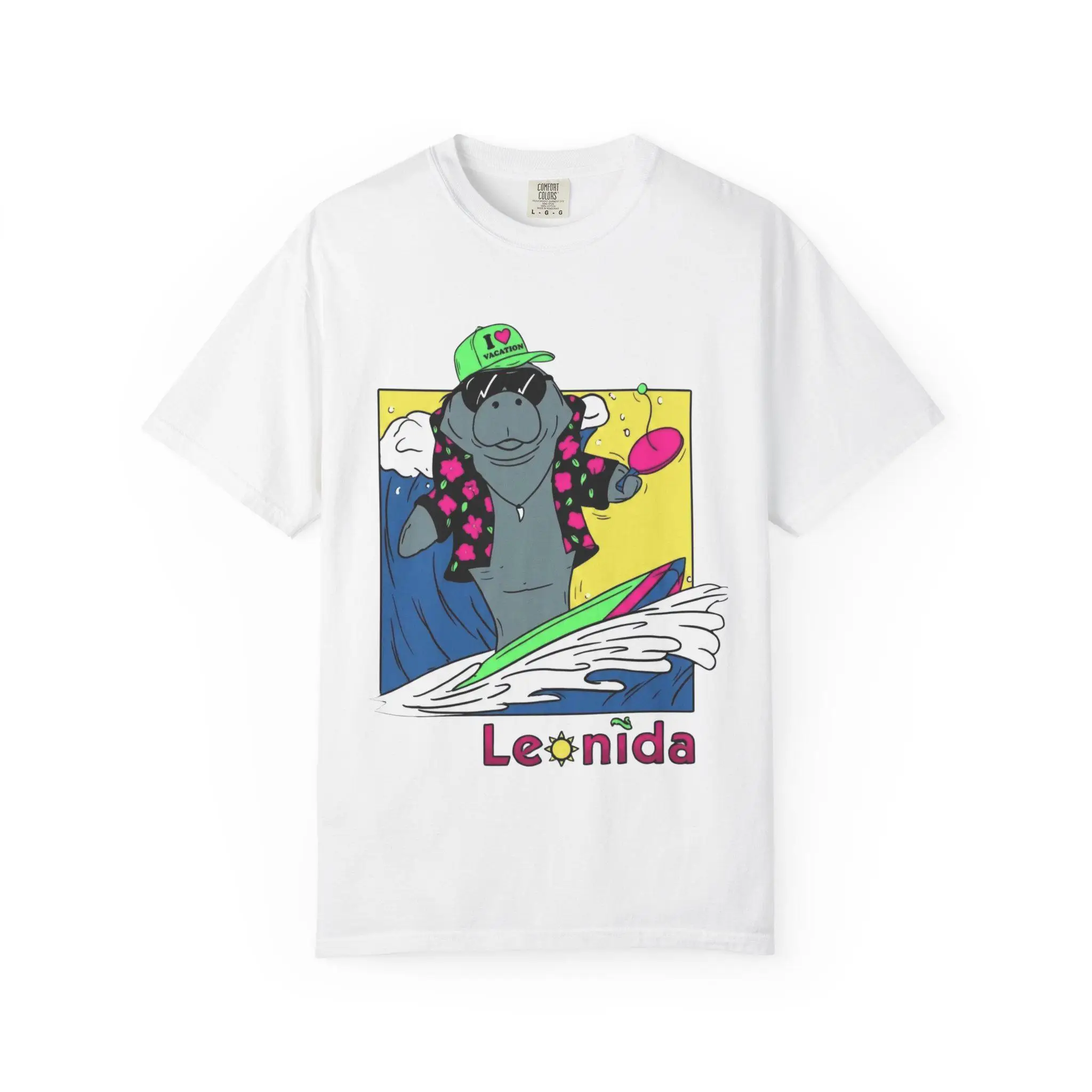 Manatee Surfing Vacation Cartoon Funny Tee T Shirt Men's Women's Retro Cool Graphic Print Oversized Short Sleeve Streetwear Top