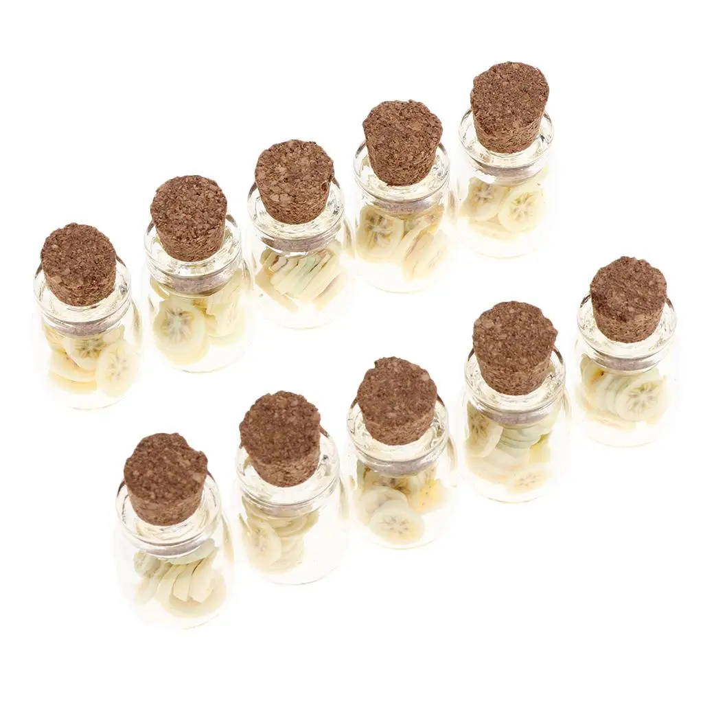 Frasco de vidro com cortiça, 10 peças, escala 1:12, casa de bonecas, modelo de comida em miniatura, banana