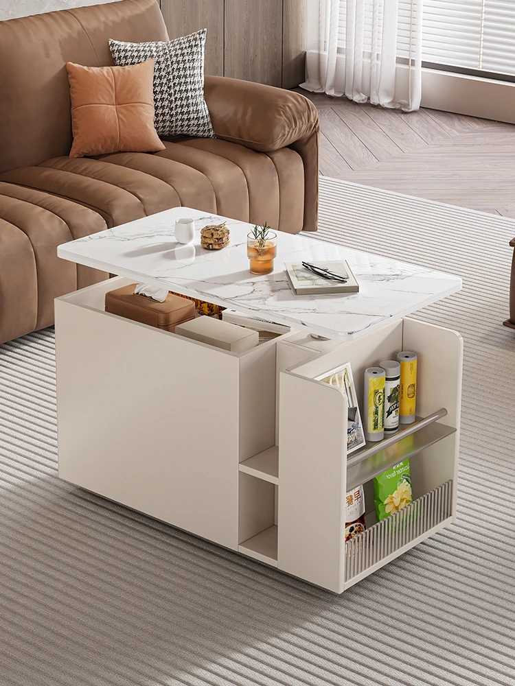 Light and luxurious lifting coffee table can be moved by trolley. A few balcony tea tables beside the small-sized sofa