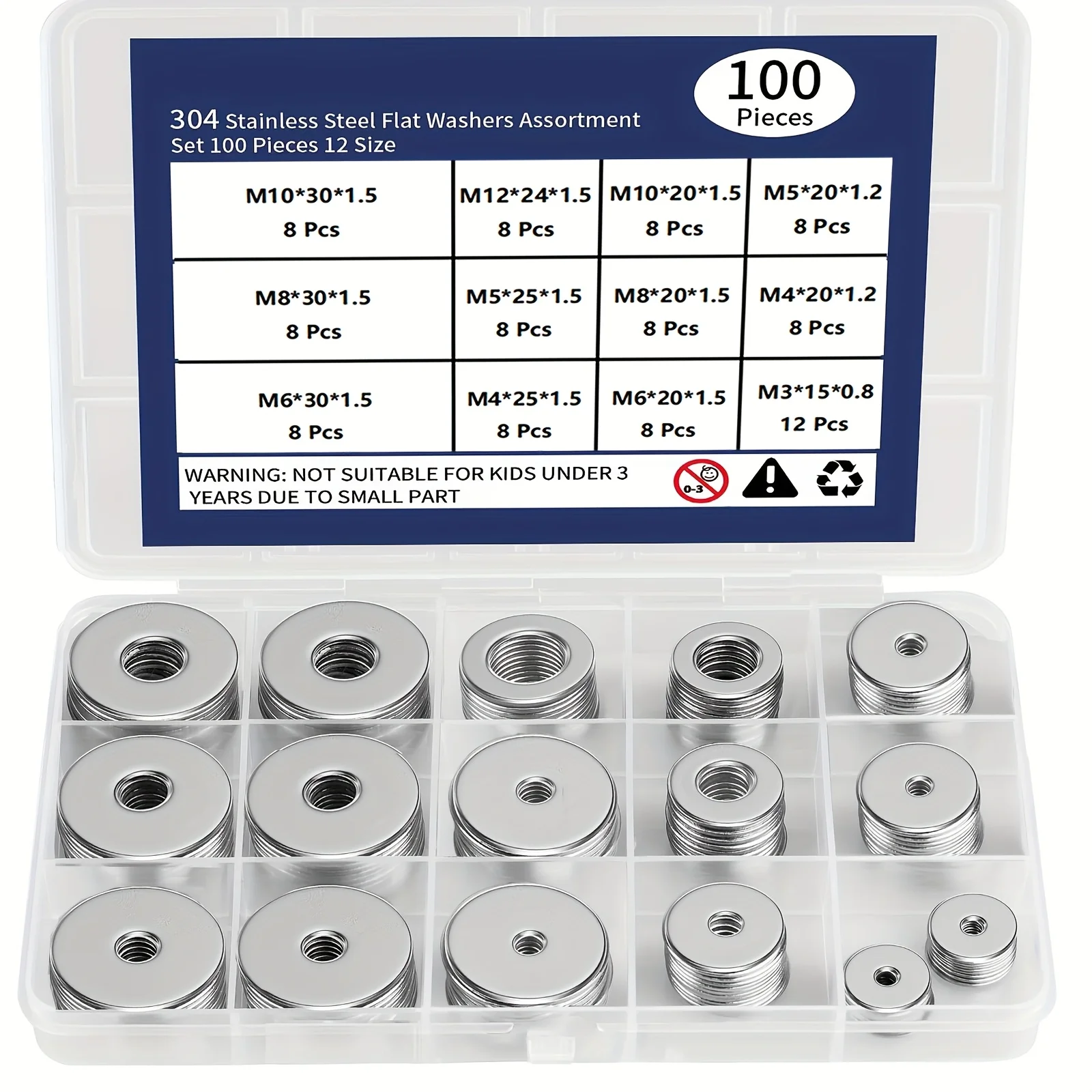 18-8(304) Stainless Steel Fender Washers, Flat Washers for Screws and Bolts, 100pcs Metal Washers Kit (12 Sizes M3-M12), Assorte image 3