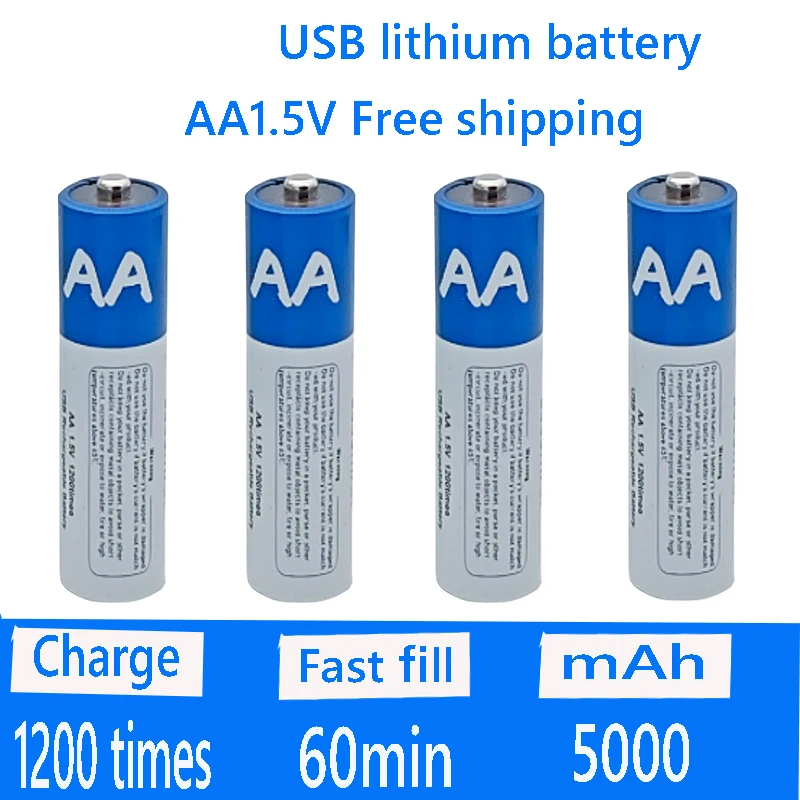 Original USB AA Rechargeable Batteries 1.5V 5000 mAh Li-ion Battery For Remote Control Mouse Electric Toy Battery + Type-C Cable