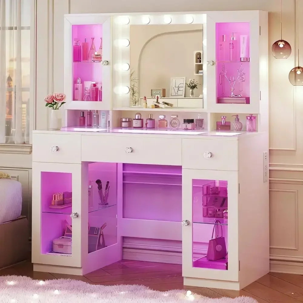 43 Large Glass Top Makeup Vanity with Mirror, RGB Lights, 4 Cabinets, Power Outlet, Adjustable Brightness, White