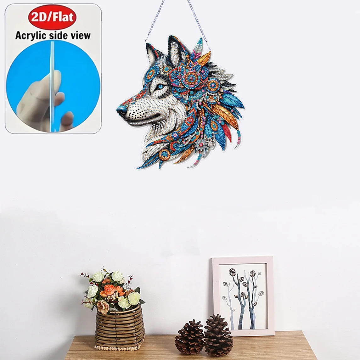 2D Flat Fantasy Color Wolf Soul Acrylic Diamond Art Hanging Set - DIY Crystal Inlay Irregular Shape, Color Box, Holiday Gift view 2