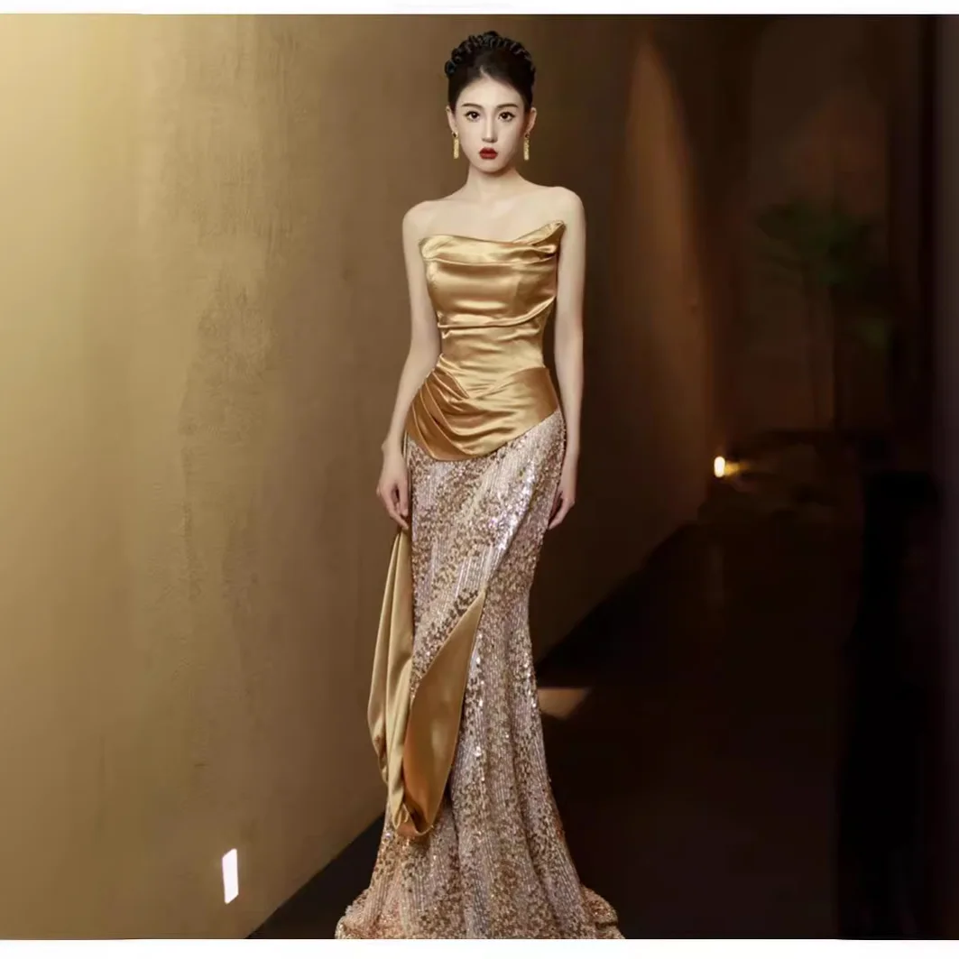 French long tube top evening dress champagne celebrity banquet fishtail dress bride looking thin