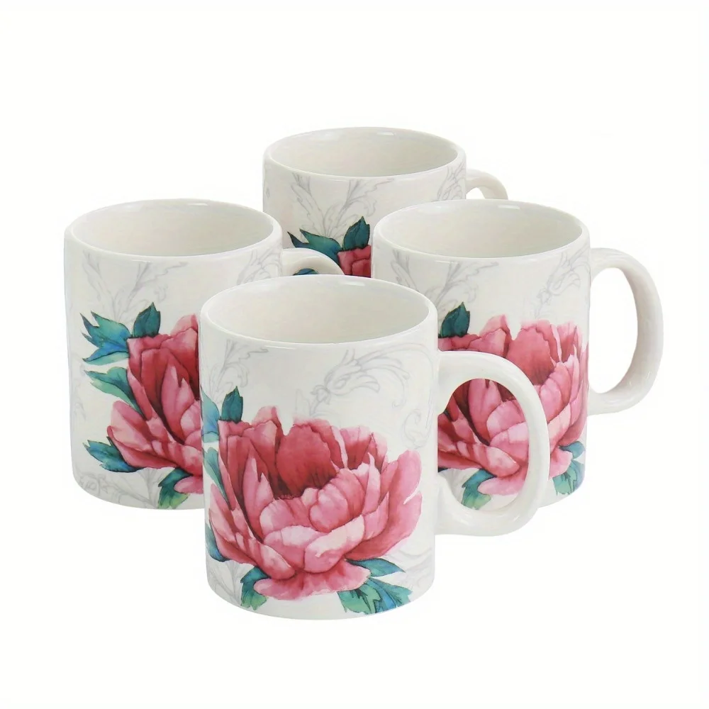 

Everyday Peony 4 Piece 16 Ounce Fine Ceramic Mug Set in White and Pink