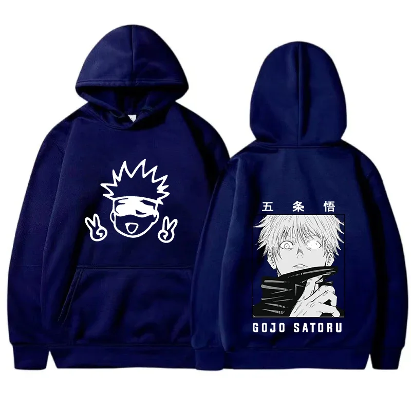 

Men Clothes Fleece Hoodies Jujutsu Kaisen Hoodie Anime Gojou Satoru Print Hooded Pullovers Tops Loose Long Sleeves Harajuku
