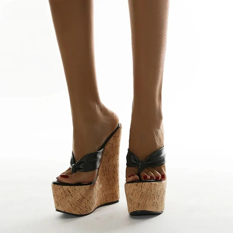 

Women's Open Toe Knot Thong Strap Faux Leather Cork Wedge Slip‑On Mule Sandals,Minimalist Sexy Casual Beach Footwear,DropShippin