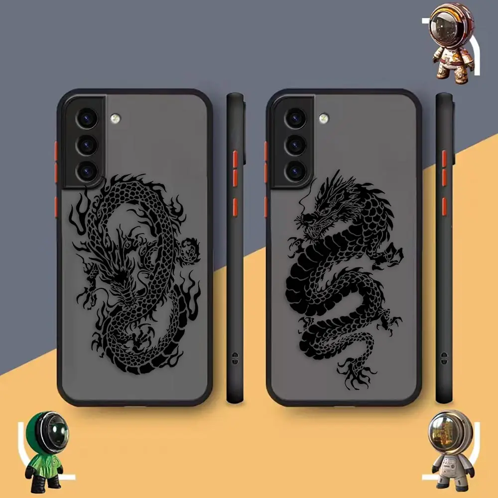 Matte Phone Case for Samsung S23 S22 S21 S20 S10 4G S9 S8 Plus ULTRA 5G LITE Case Funda Capa Shell Line Drawing Chinese Dragon