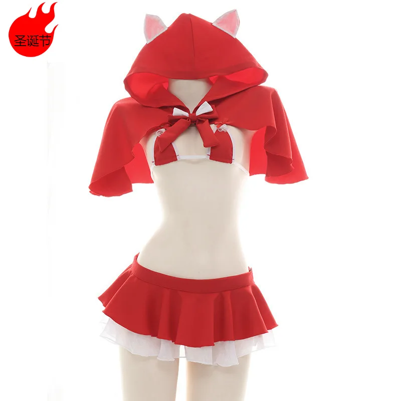 

Christmas Role Play Little Red Riding Hood Underwear Swimsuit Costume Women Sexy Hooded Cloak Lingerie Pajamas Cosplay