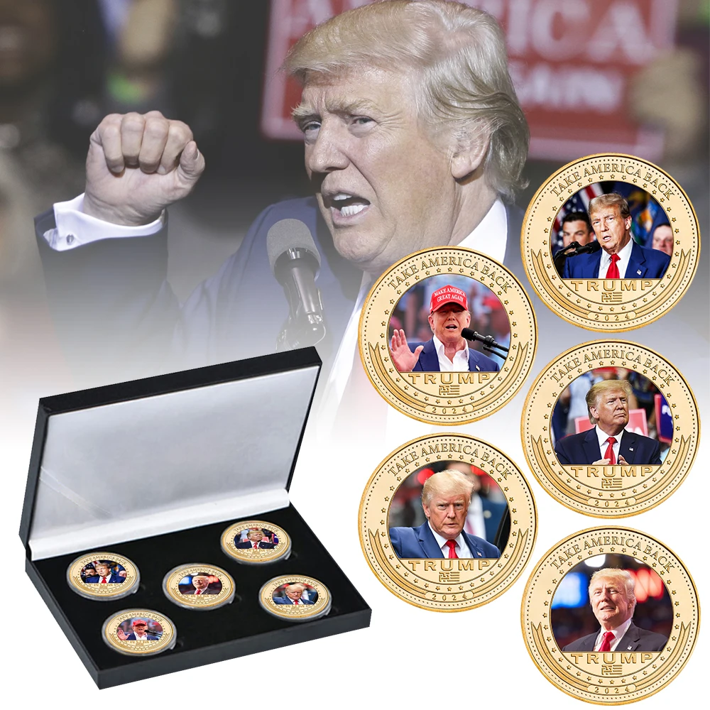 

5pcs 2024 Donald Trump Gold Commemorative Coins Gift Box Set US President Take America Back Souvenir Medal Patty Gifts for Fans