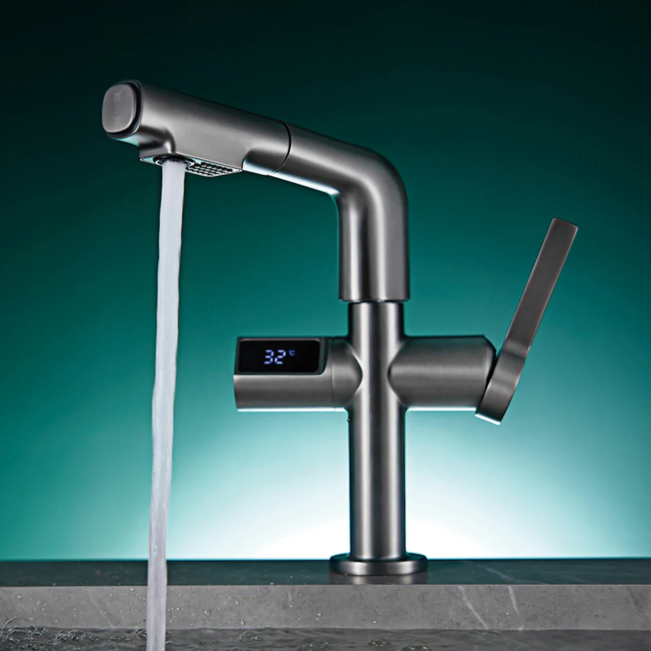 Multi Functional Black Bathroom Faucet Intelligent Induction Digital Display Design Cold And Hot Dual Control Dial Out Basin Tap