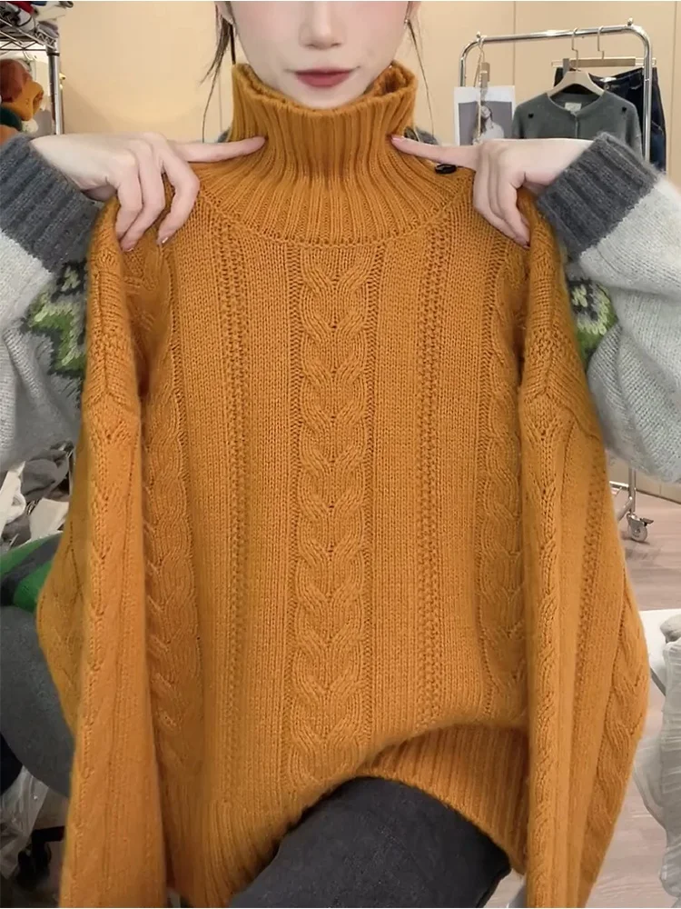 

Retro Knitted Sweater High Collar Cables Faionable Casual Large Size Autumn Winter Advanced Sense Youthful Top Women's Ca...