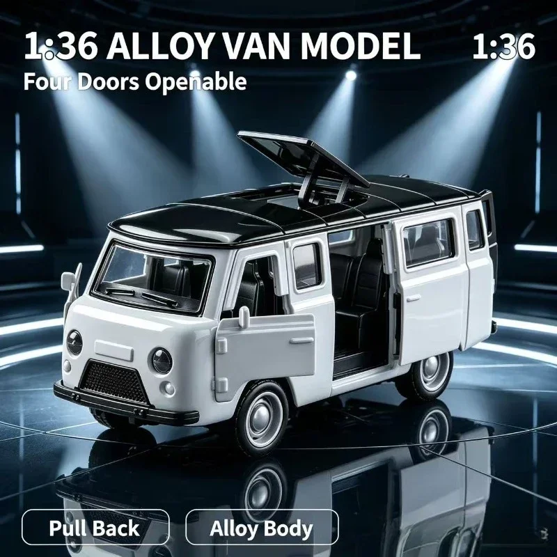 Alloy Car Model 1:36 Scale Cargo Van Replica, Diecast Pull-Back Metal Minivan, Four Functional Open Doors, Precise Body Details,