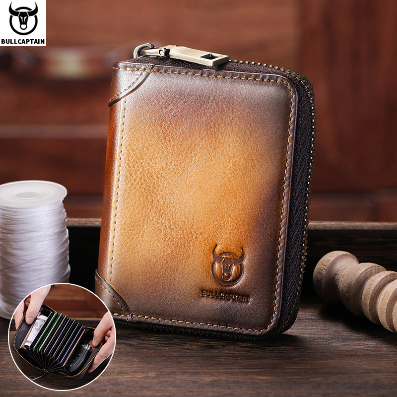  BULLCAPTAIN Genuine Card Bag Men's Casual Business Credit Card Holder Multifunctional RFID Anti-Theft 11 Card Slots Coin Purse 