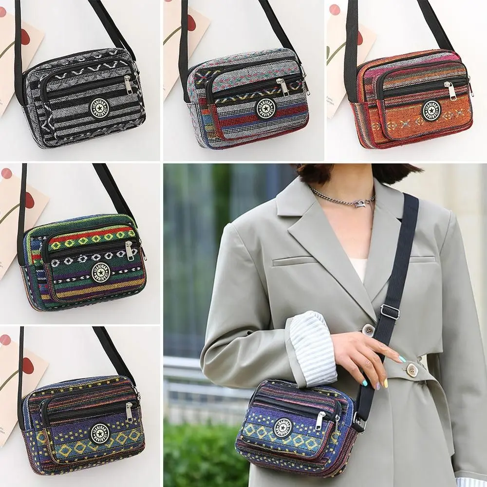 Women Multi Layered Stripe Print Shoulder Bag Casual Classic Vintage Tote Bag Girls Nylon Single Shoulder Backpack