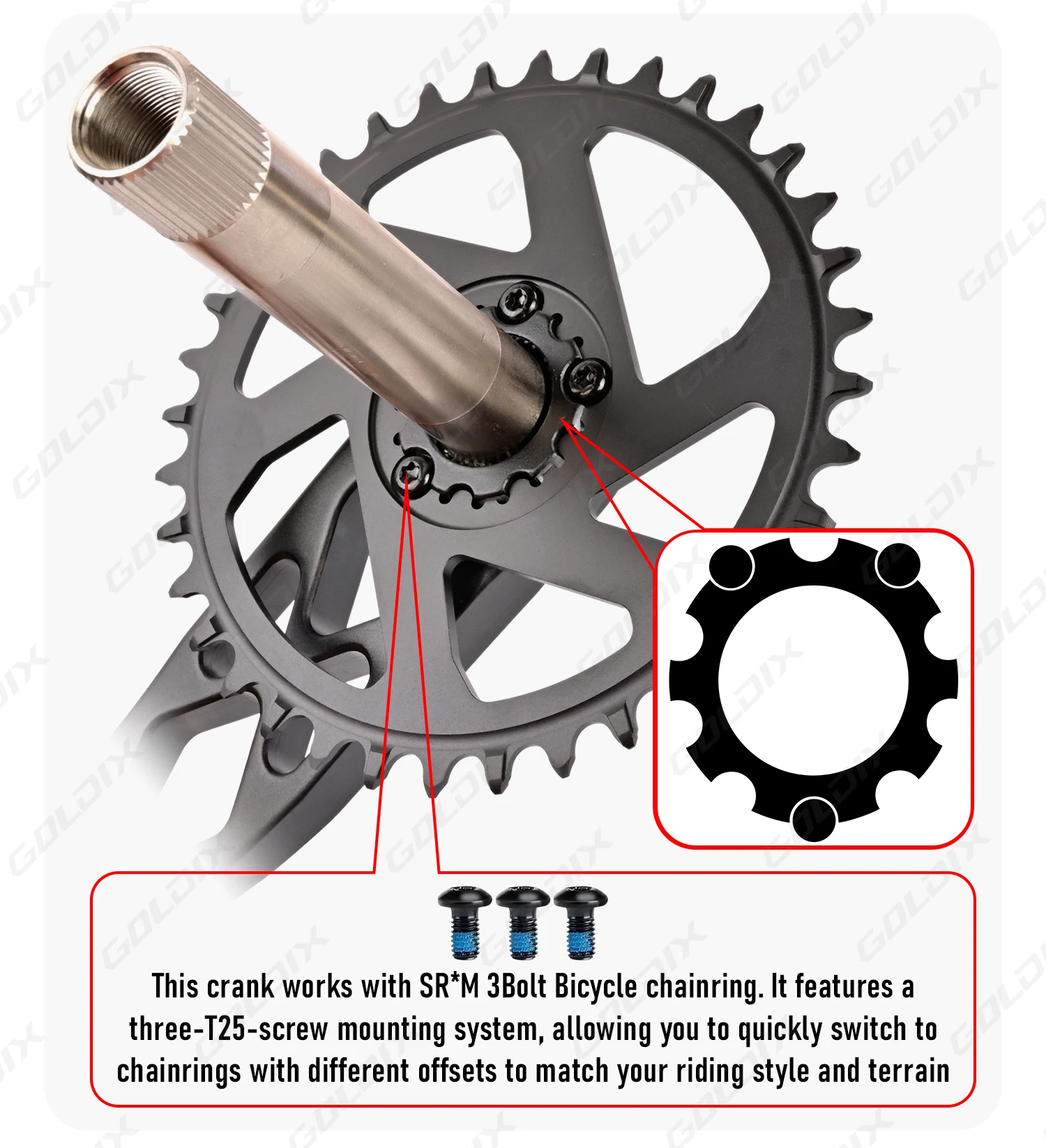 GOLDIX Hochfeste Fahrradkurbelgarnitur 165/170/175mm Geschmiedeter Legierungs-Kurbelarm 3-Bolzen-Direktmontage Schmal-Breit-Kettenblatt für MTB-Fahrrad – Detail 7