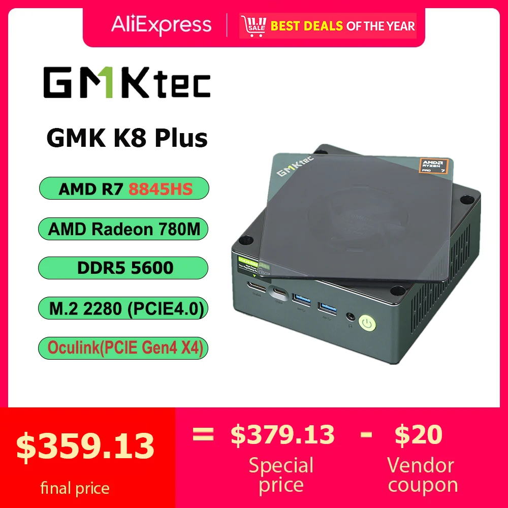 GMKtec-K8 Plus Mini Computador para Jogos, AMD R7 8845HS, 8 Núcleos, 16 Thread, 32GB DDR5, 1TB SSD, PC Desktop