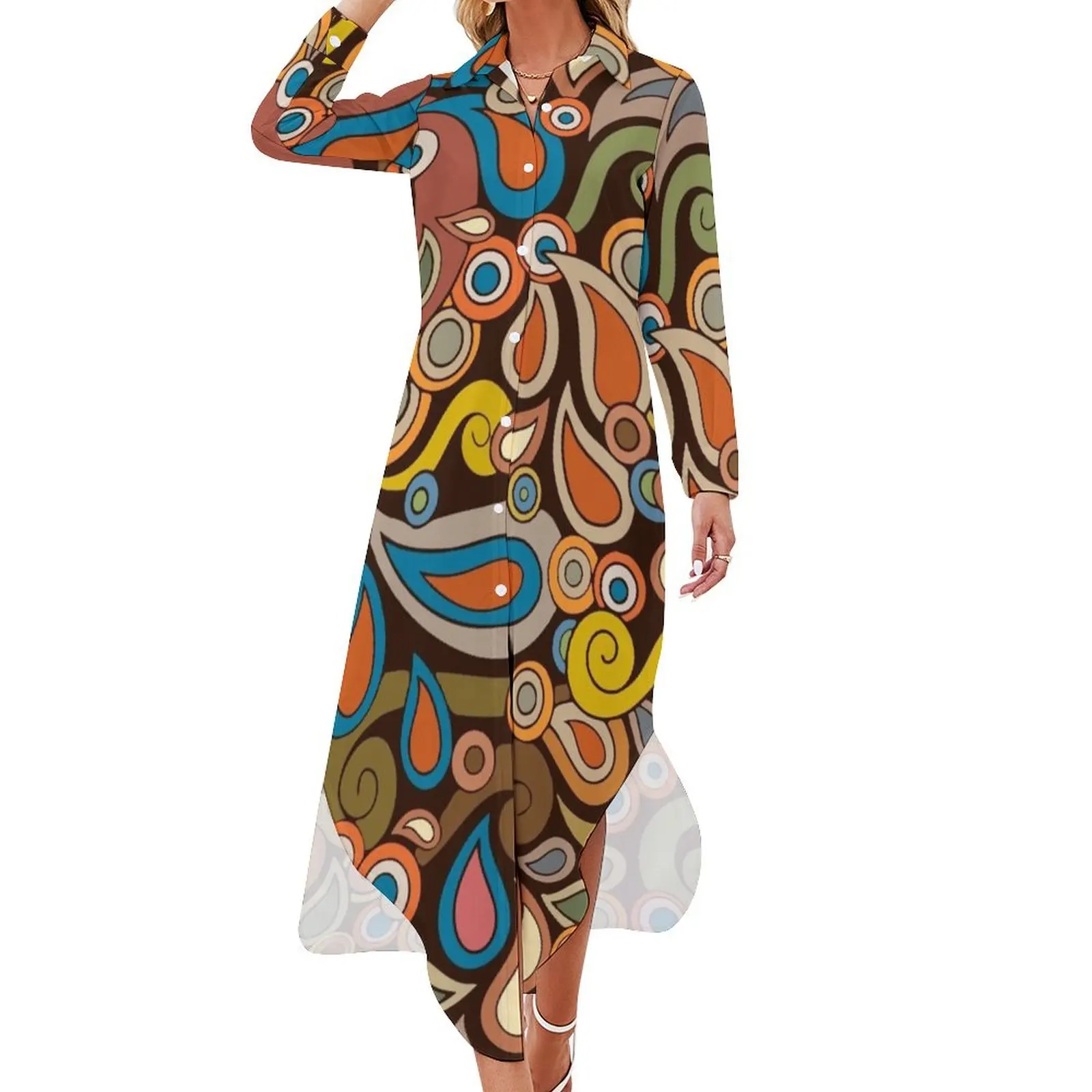 

Hand drawn Retro Vintage Funky Design Long Sleeved Shirt Dress clothes for women Dresses women's clothing korea stylish