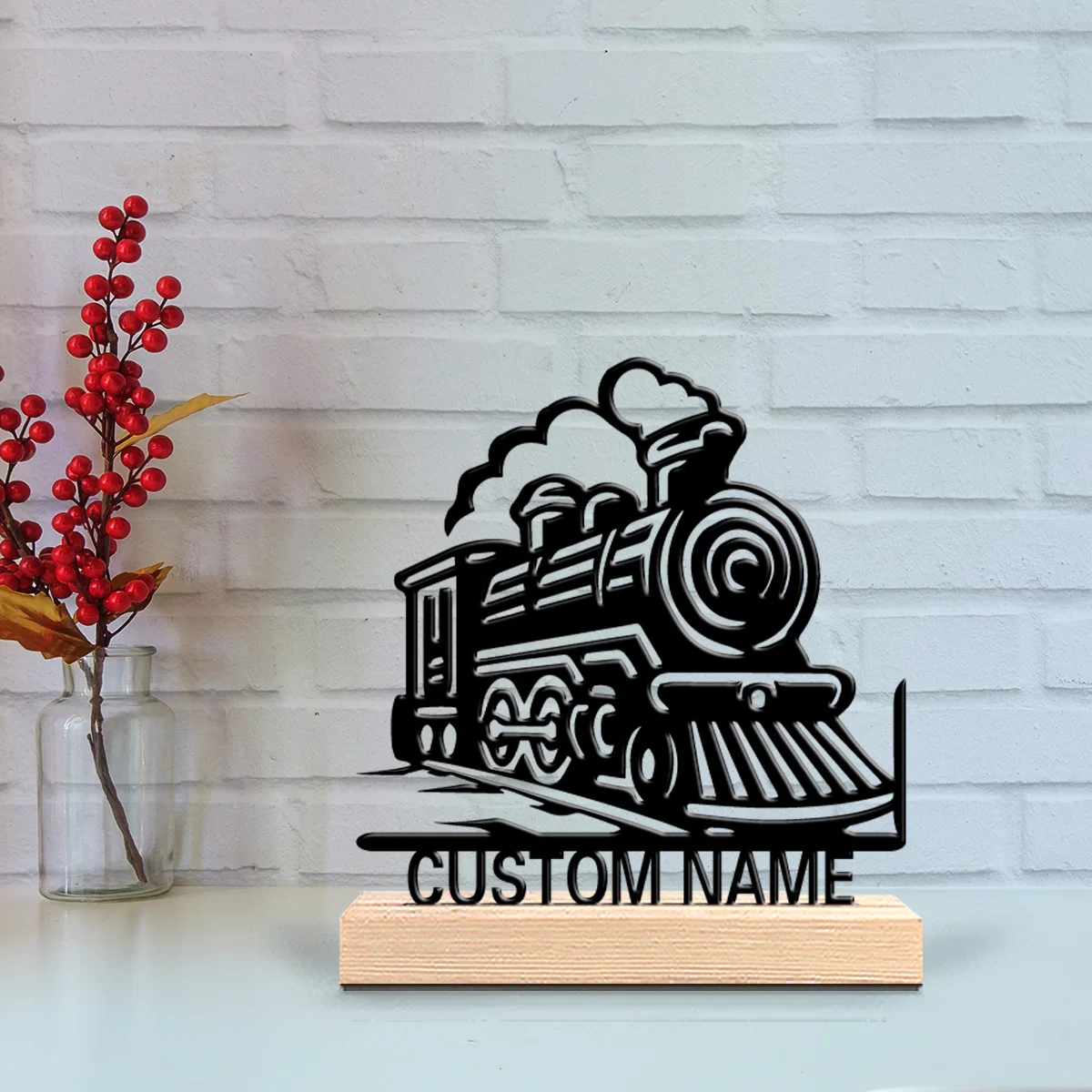 1pc Fun Personalized Custom train Metal Statues Botanical Wooden Base Desk Art for Nature Lovers Office Zen Calm Spaces