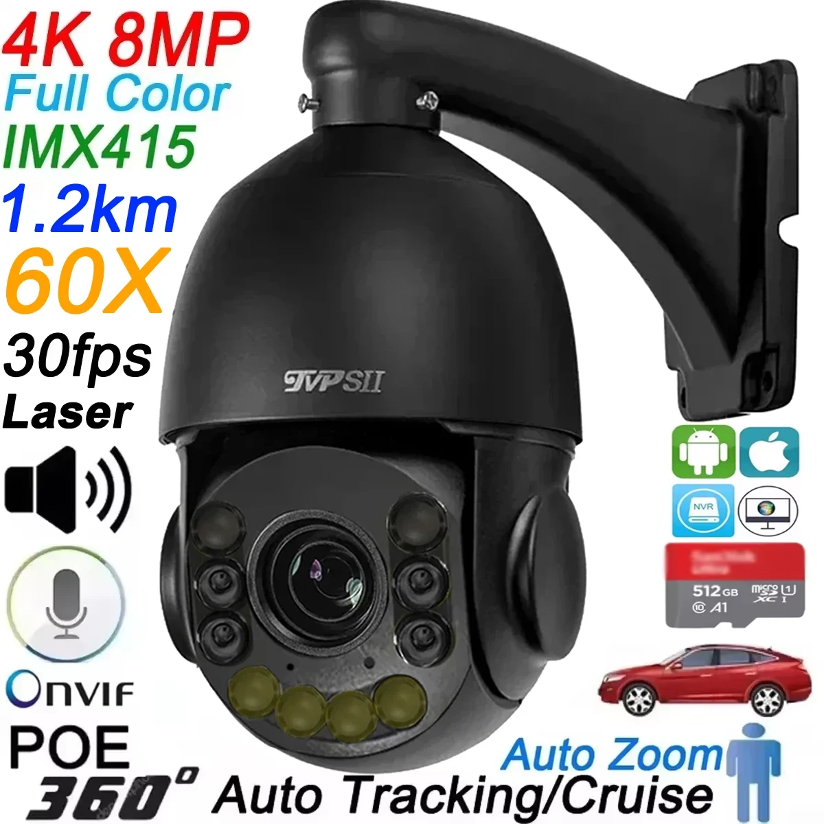 Full Color Metal Auto Tracking Cruise 8MP 4K 30fps Real-time 60X 18X Optical Zoom 360° POE PTZ Speed Dome Security IP Camera
