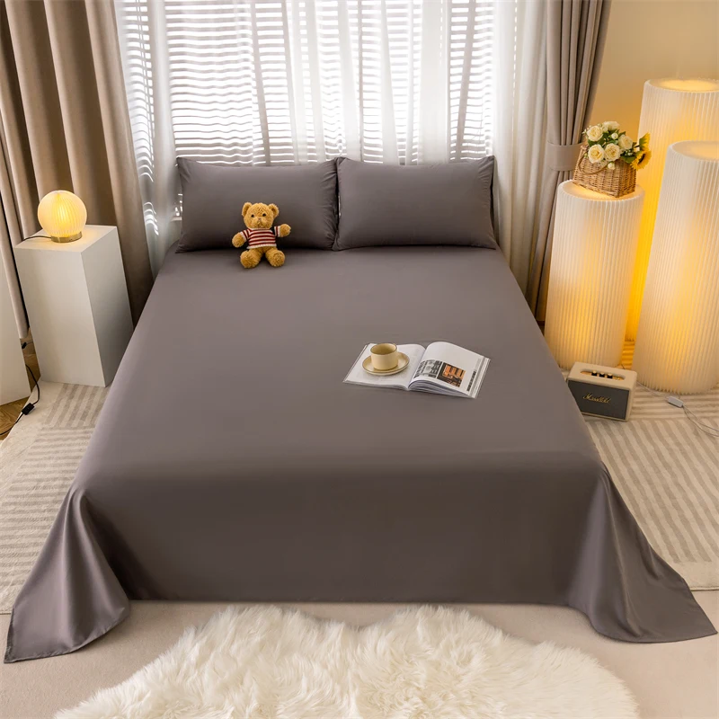 Dark Gray Home Flat Sheet Sets 3pcs Bedding Set Luxury Polyester Soft Solid Color Bed Top Sheet with 2 Pillowcases for Women Men