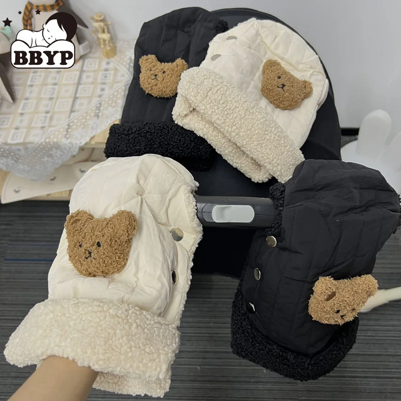 Universal Cartoon Bear Waterproof Baby Stroller Gloves Windproof Fleece Lined Pram Mittens Hand Warmer Extended Length Pushchair