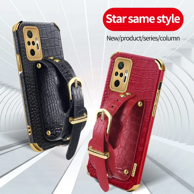 

Crocodile Leather Phone Case Wrist Strap For Redmi Note 10 Pro Max 10T 10S 4G 5G Wristband Holder Stand Soft Cover Cases