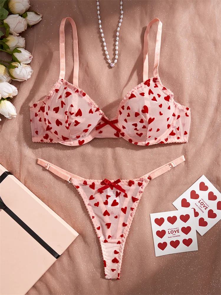 Sexy Lingerie Women Beautiful Underwear Heart Print Bra Set Erotic Lingerie Pink Mesh Underwear Three-Point See Through Lingerie