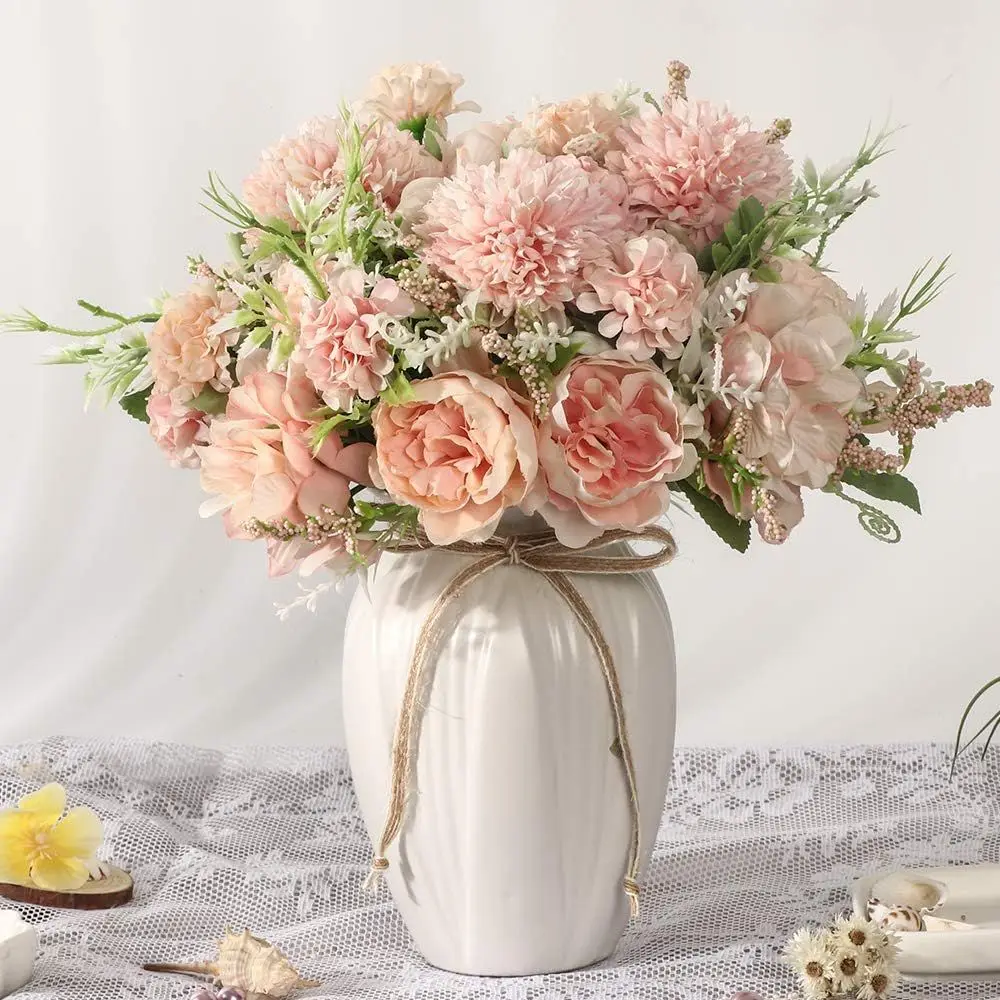 Peonies Artiicial Lowers In Vase, Ake Hydrangea Silk Peony Lower Bouquet With Vase Aux Lowers Arrangement Decor Home Table Dinin-image