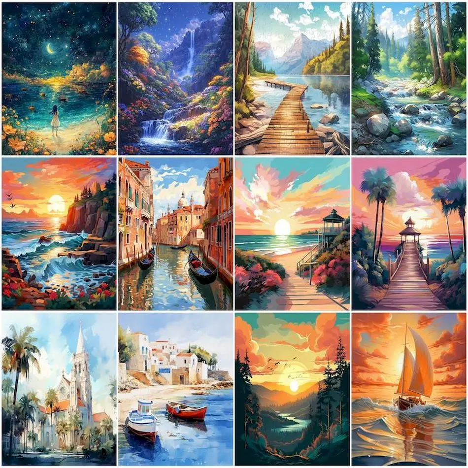 RUOPOTY Oil Painting By Numbers For Beginner Scenery Landscape seascape Forest City Canvas Kit Wall Art For Handiwork Home Decor