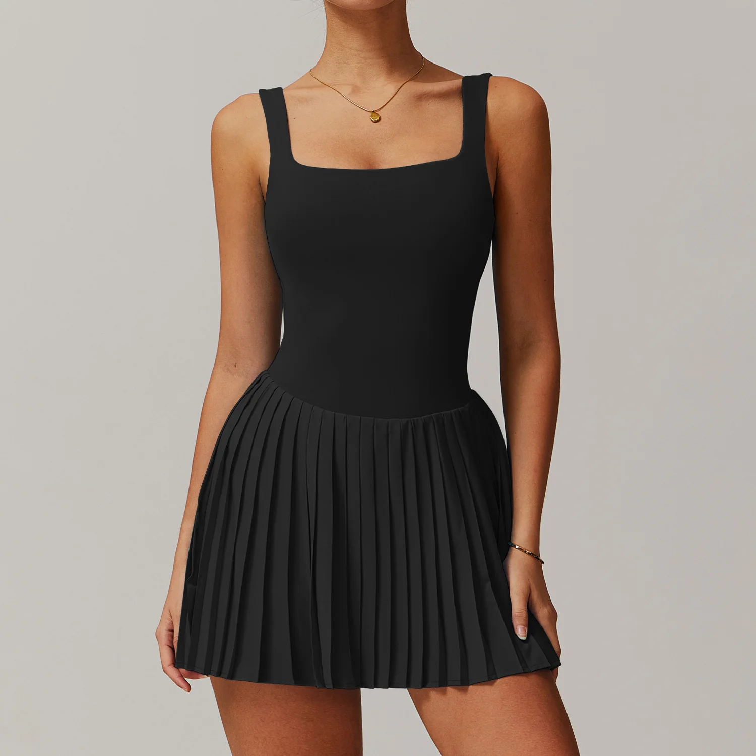 

Women's Nude Fake Two Piece Tennis Skirt One-Piece Dress With Anti Exposure Fitness Pocket Pleated Sports Dress