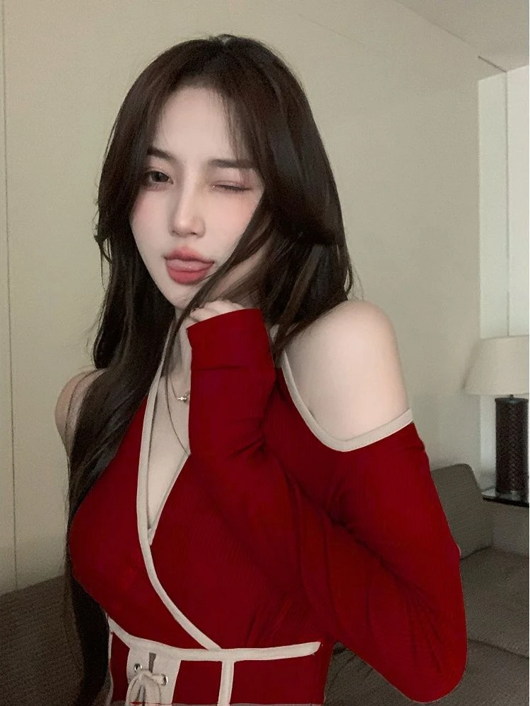 Vestido de ombro frio com nervuras feminino-Contraste de cintura bodycon mini vestido sexy streetwear casual vestido de festa