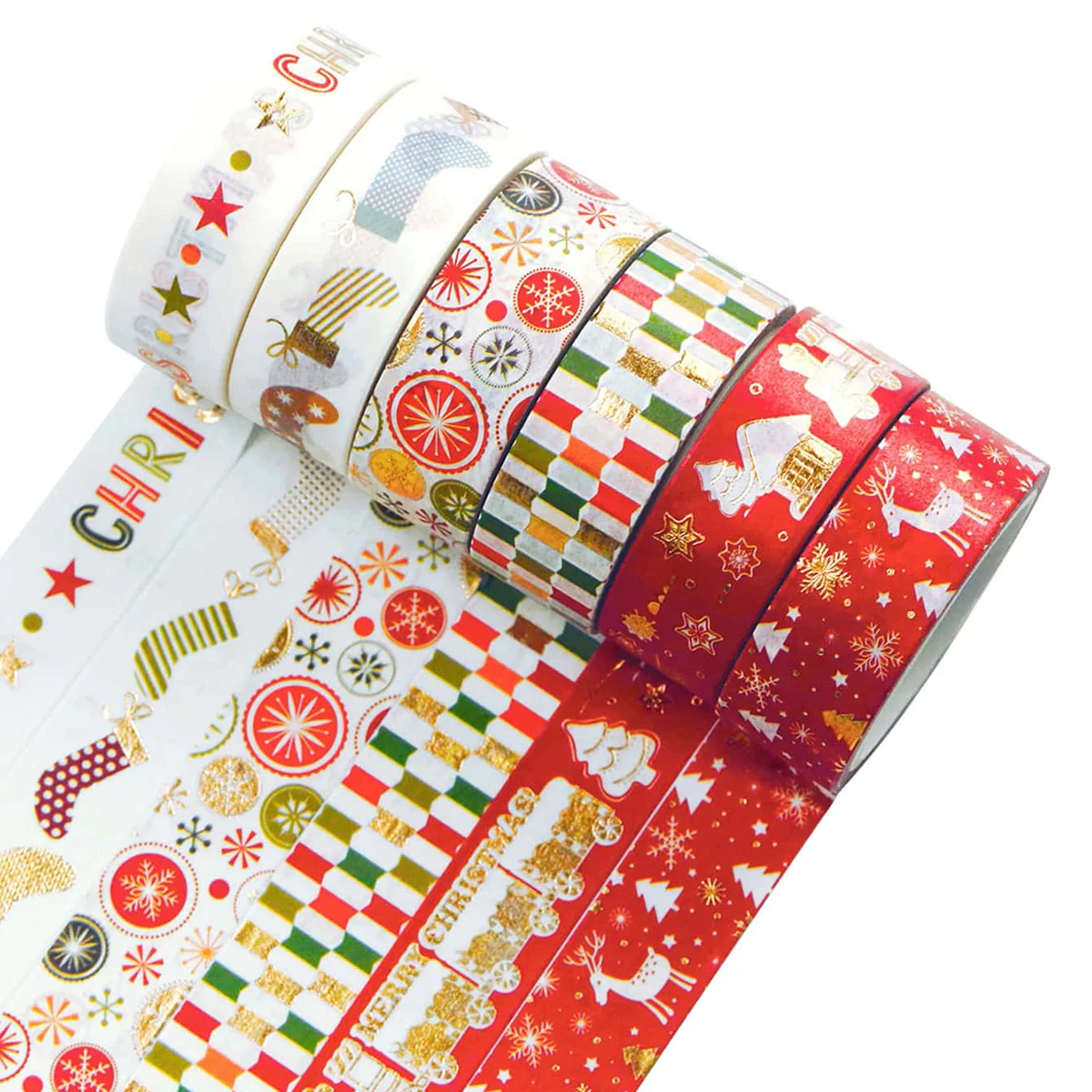 12 ロール/箱、繊細なクリスマスパターンのブロンズ和紙テープ、ホリデーパーティー DIY グリーティングカードギフトボックスの装飾に最適