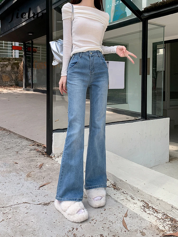 

Jielur Ins Simple Basic Street Chicly Women Jeans Autumn New Fashion Slim Women Jeans Blue High Waist Slim Flare Pants Female