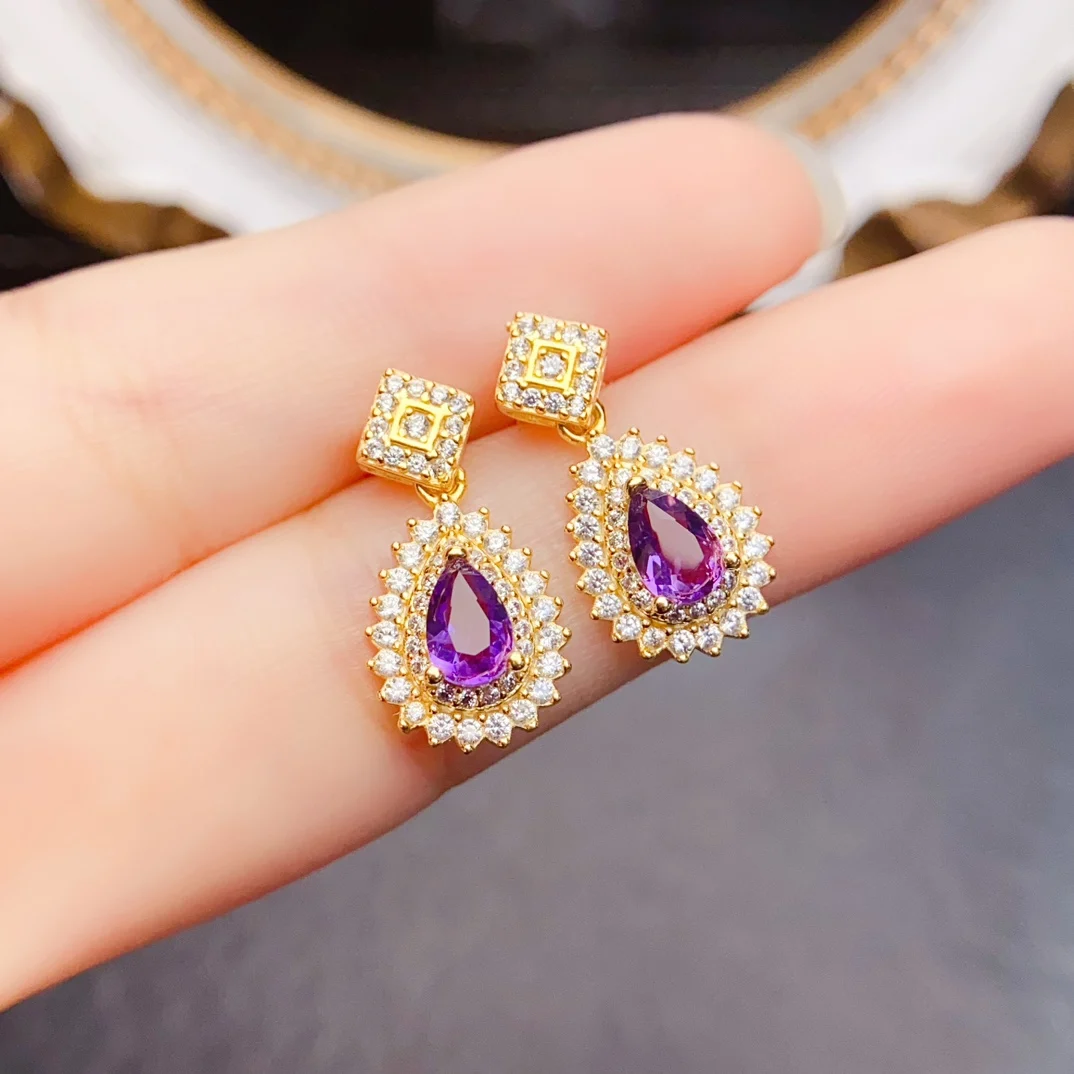 

FS Fashion 4*6mm Natural Amethyst Earrings S925 Sterling Silver Fine Charm Weddings Jewelry for Women With Certificate MeiBaPJ