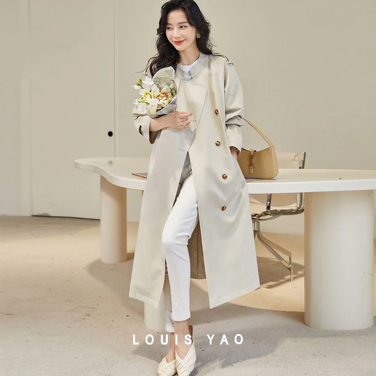 

LOUIS YAO British Style Stand Up Collar Long Trench Coat 2025 Casual Raglan Sleeves Long Tie Loose Spring Autumn Coat for Women
