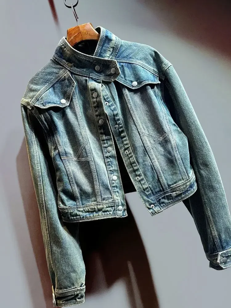 Spring 2023 New retro distressed short denim jacket for women loose fitting and slim standing collar jacket top