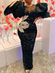 Women Sequined Shiny Black Long Dress Glitter Embroidered Chest Wrapped Puff Sleeve Classy Winter Fall Party Celebrity Gowns New