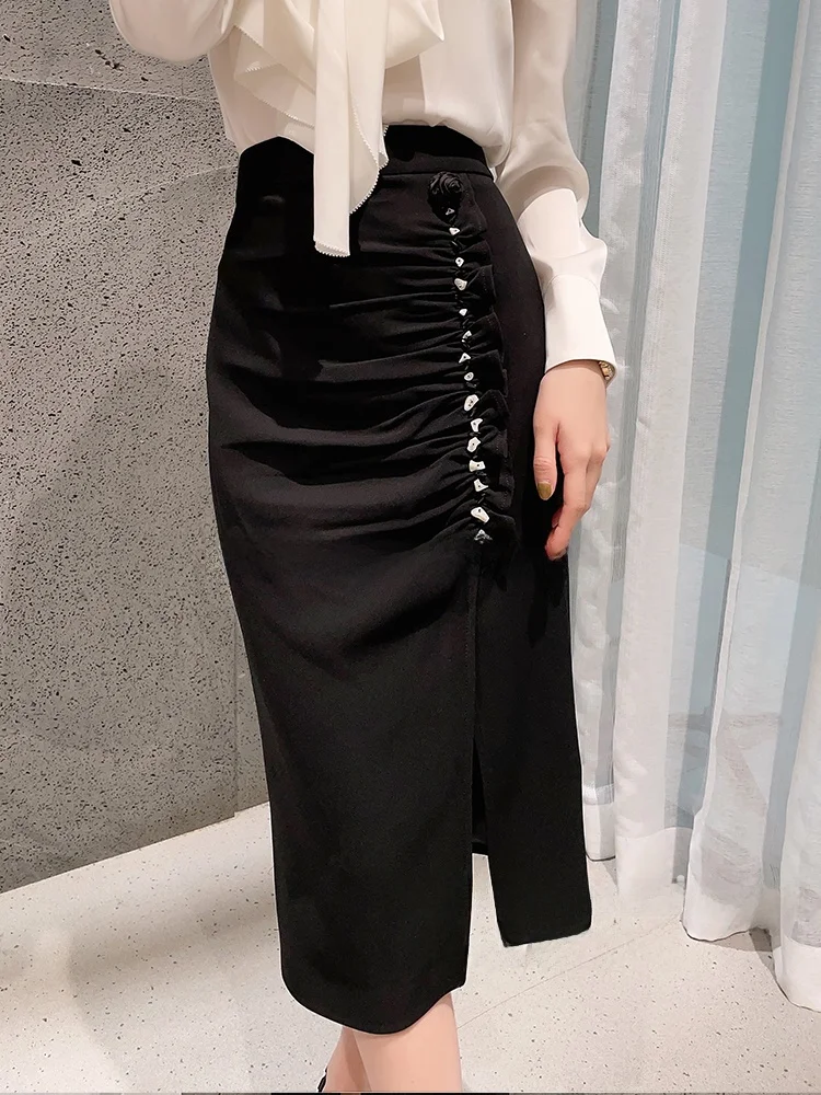 

Женская юбка-миди Ele с высокой талией, облегающая, из шелкового материала, А-силуэт, однотонная, весенняя коллекция, модная