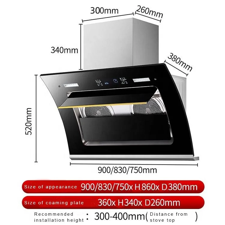 Chaminé de sucção super forte com limpeza automática, capô lateral, motores duplos, chaminé de cozinha