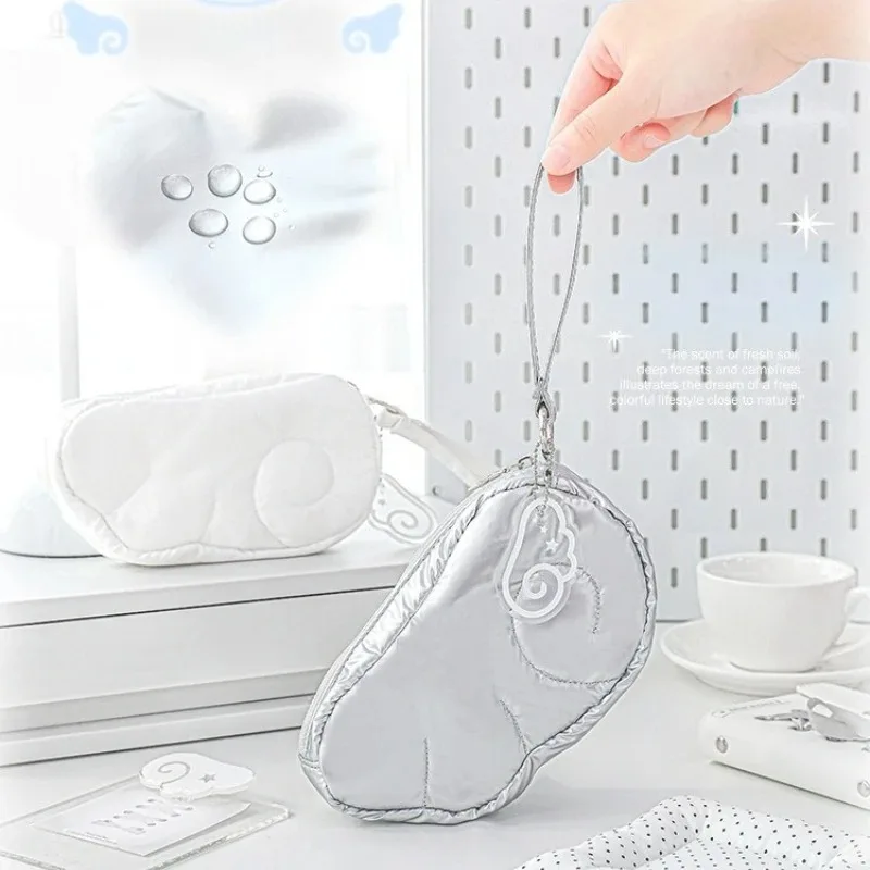Sweet Y2K Angel Wing Padded Cosmetic Bag Puffy Kawaii Portable Wristlet Storage Pouch with Charm for Travel Toiletry School Use