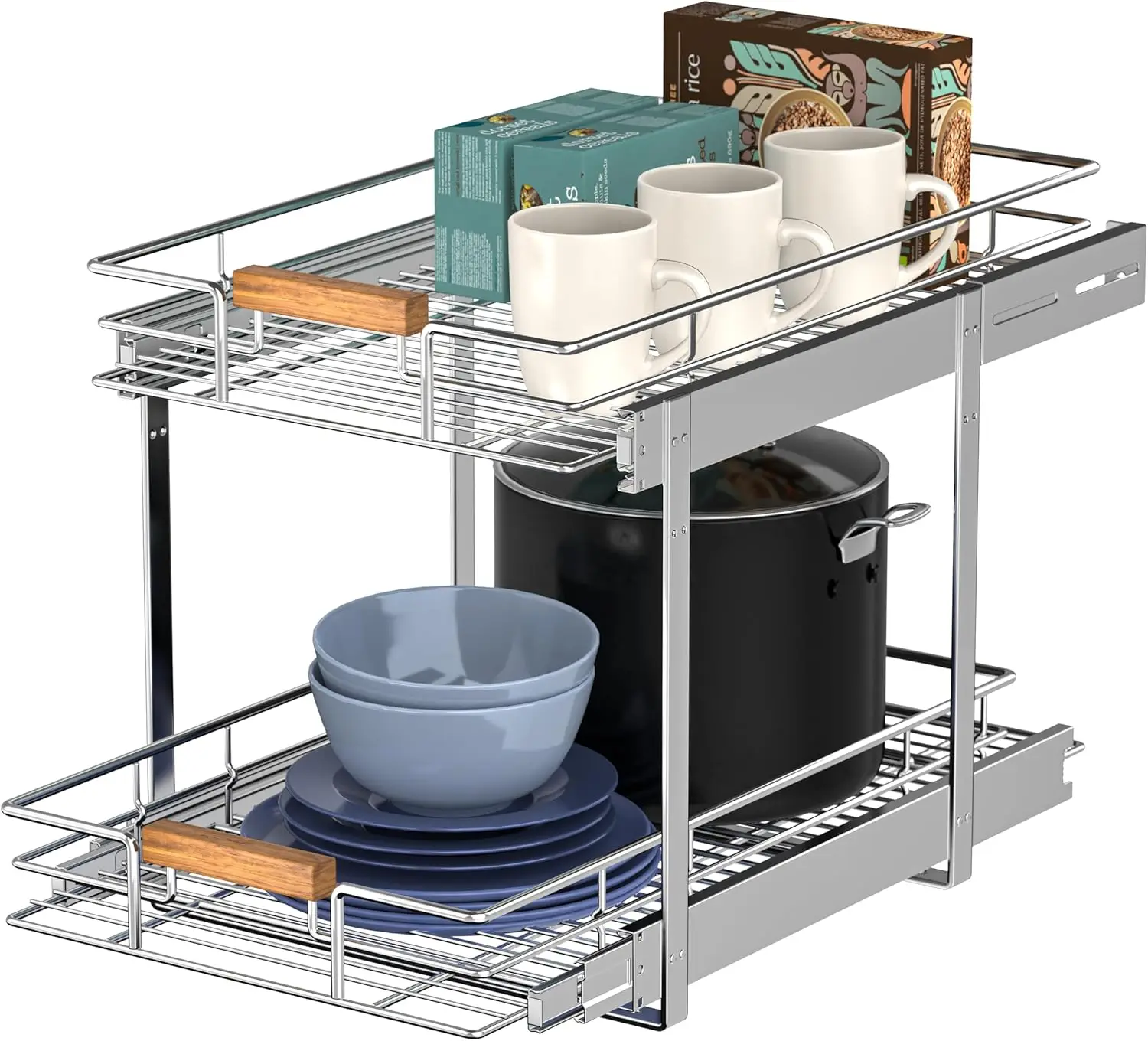 

Pull Out Cabinet Organizer(11"" W X 21"" D), 2 Tier Wire Basket Slide Out Shelf Storage With Wood Handle, Pull Shelf Drawers