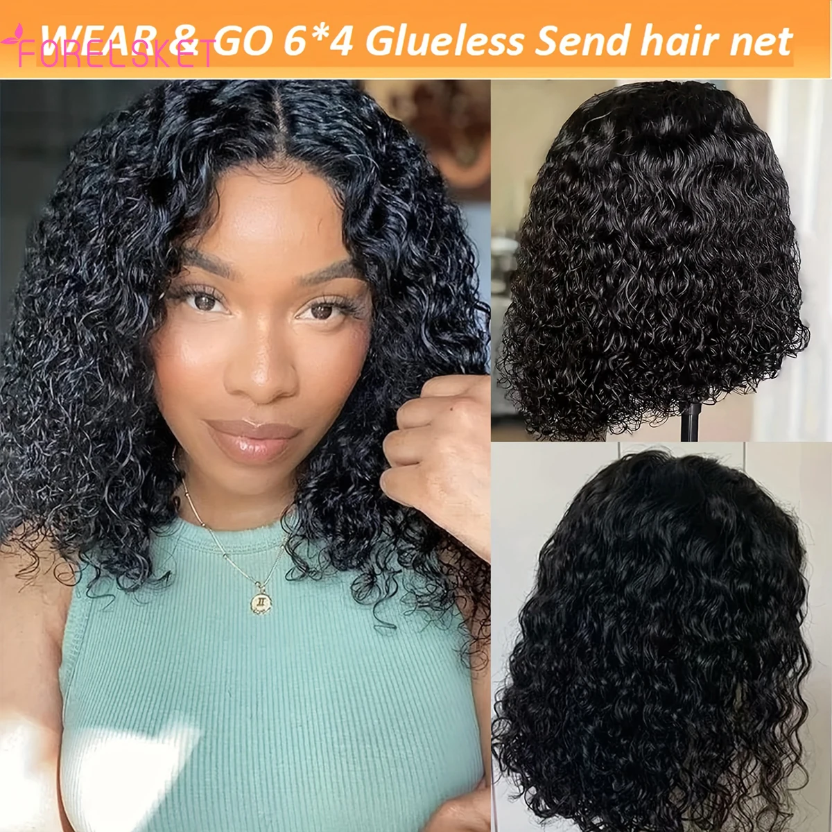 Glueless Bob Wig Water Wave Bob Wigs Human Hair Curly Wave 4*4 HD Lace Front Wig Human Hair Pre Plucked With Baby Hair FORELSKET