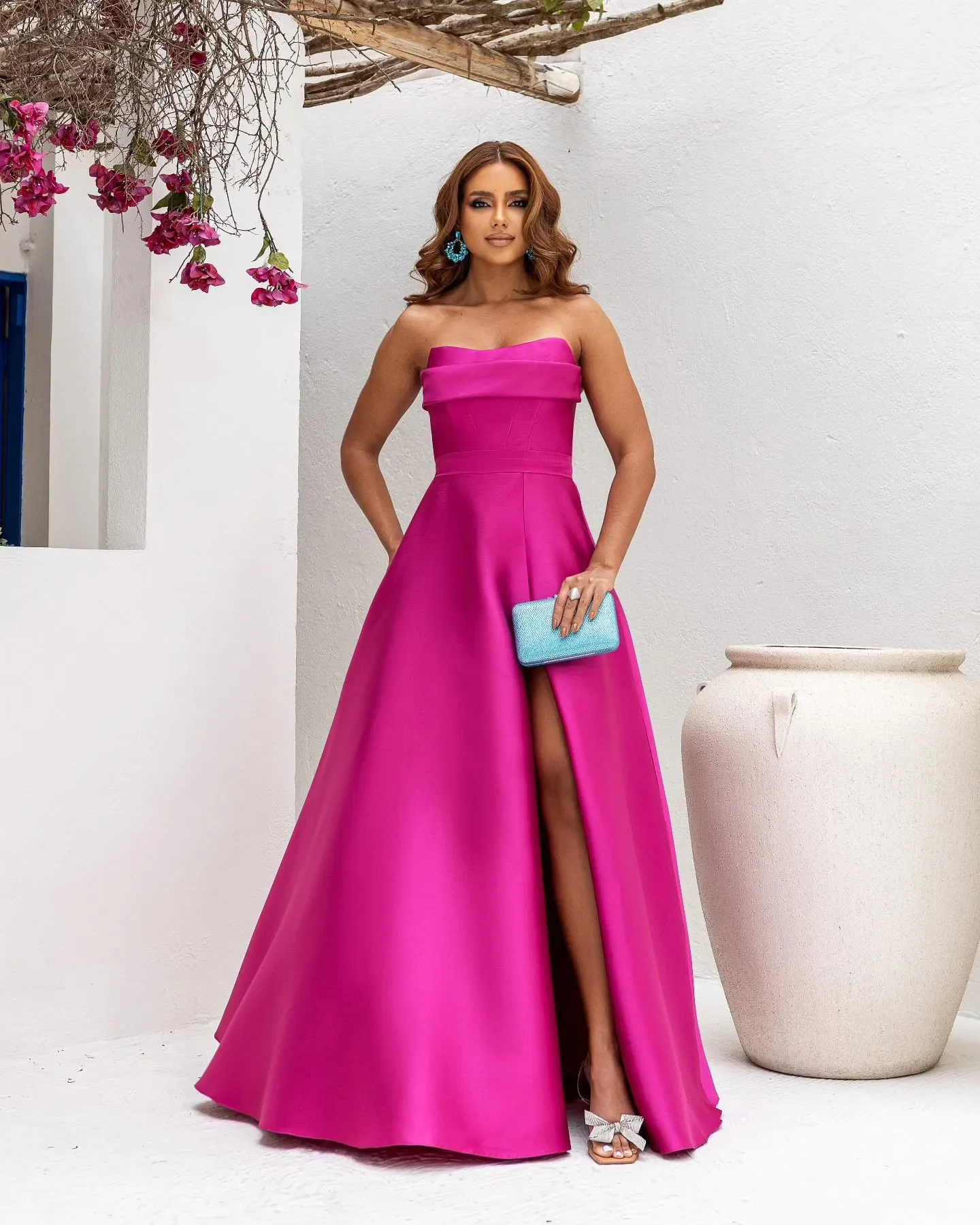 Customized Barbie Pink Satin Evening Dresses Elegant Sleeveless Strapless Evening Gown A Line Backless Split Dresses for Women