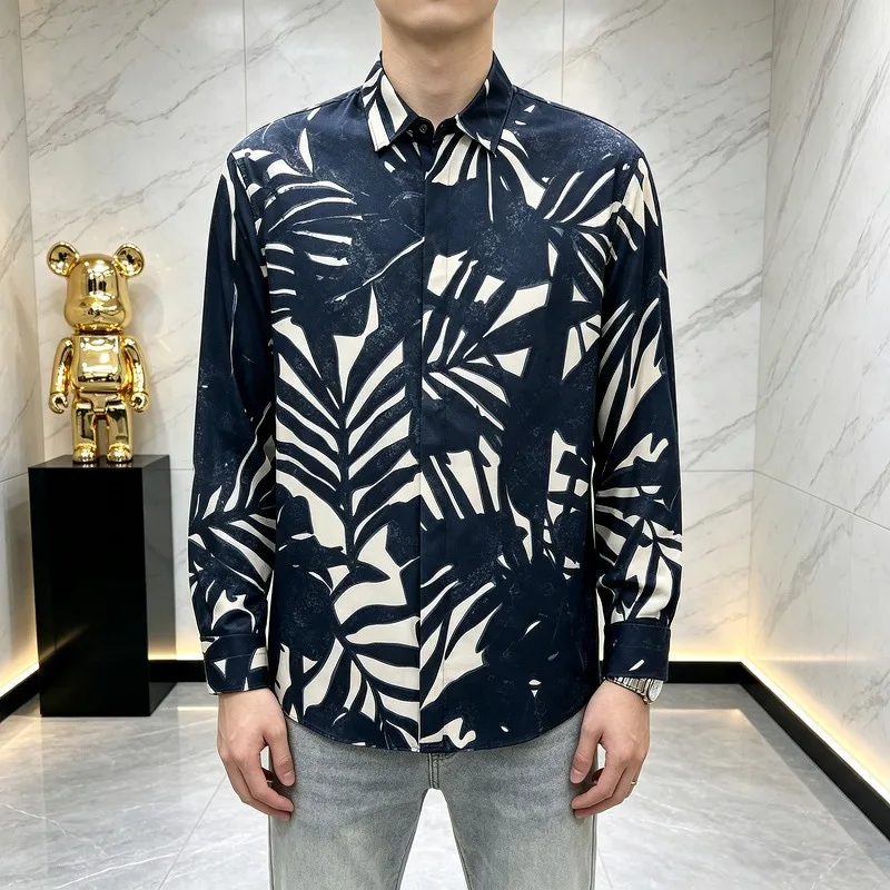 Trendy Autumn Printed Men's Loose Shirt No Ironing Casual Business Floral Shirts Versatile Social Streetwear Shirt Men Clothing