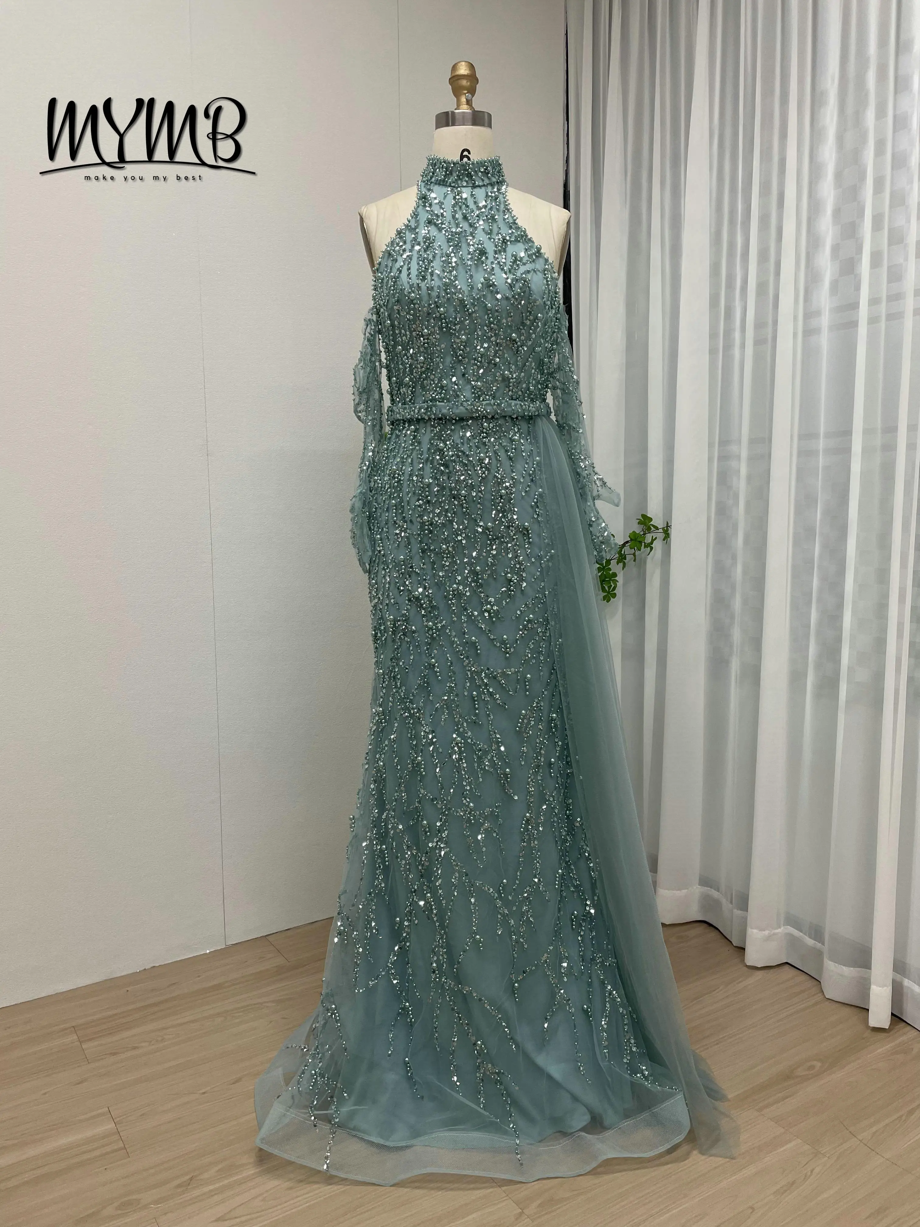MYMB Sexy Halter Neck Sleeveless Beaded Evening Couture Dresses for Wedding Party Arabic Mermaid Formal Gown With Gloves MY30107