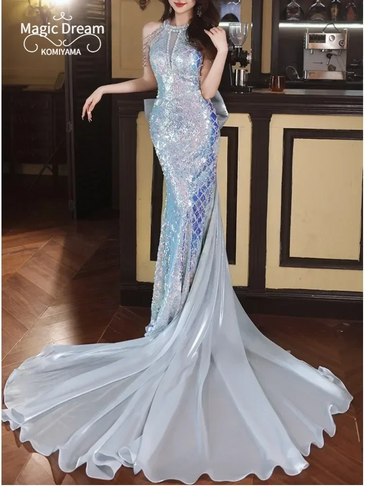 Customized Shoulder Strapless Sequined Robe Wedding Party Dresses Neck Hanging Slim Temperament Prom Vestidos Trumpet Evening