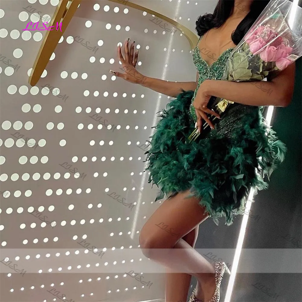 Vestido corto de graduación con cuentas de cristal para niñas negras, vestidos de noche con plumas, vestidos de fiesta de cumpleaños, vestido de sirena de fiesta de lujo